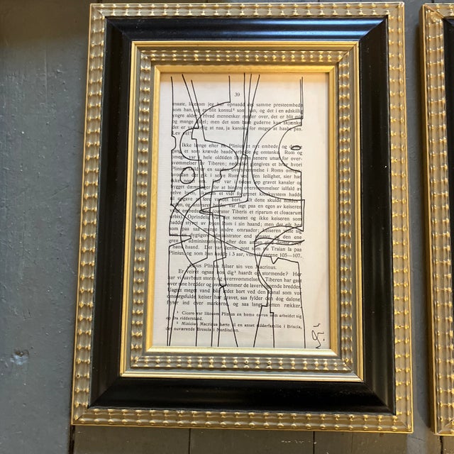 Original pen and ink drawing on vintage book pages. 5x8 and 9.5x12.5 with frame