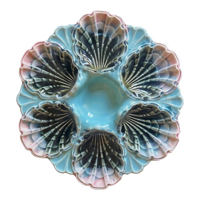French Hand Painted Majolica Five-Lille 6 Well Oyster Plate. C. 1890's For Sale