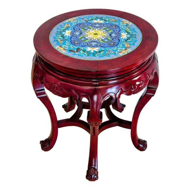 Mid 20th Century Chinese Cloisonné Inset Round Rosewood Accent Table With Carved Base For Sale