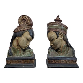 Pair of Vintage Bookends With Asian Inspired Busts For Sale