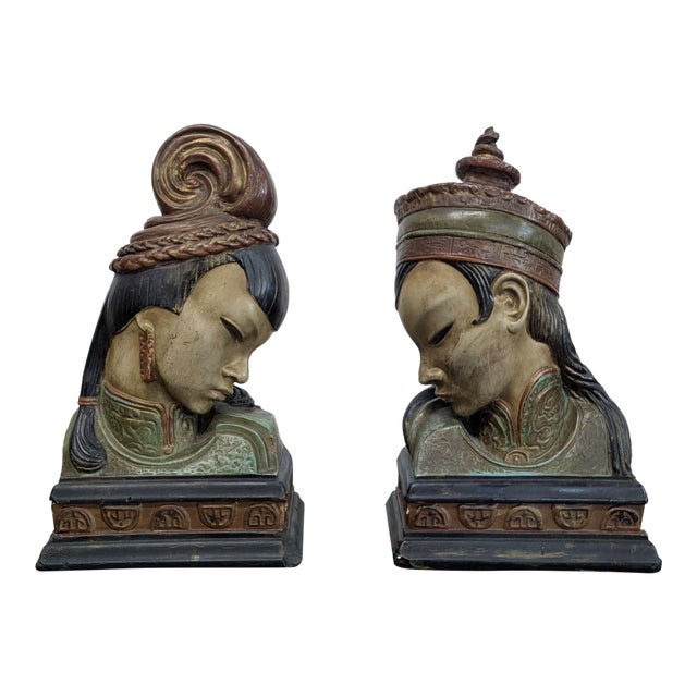 Pair of Vintage Bookends With Asian Inspired Busts For Sale