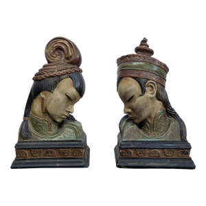 Pair of Vintage Bookends With Asian Inspired Busts