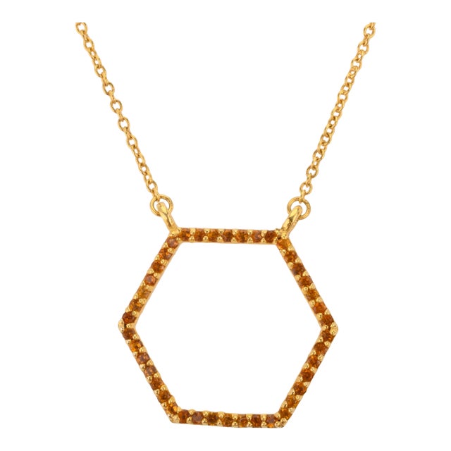 Mid-Century Modern Halo Hexagon Citrine Geometric Pendant Chain Necklace in 14k Solid Gold For Sale - Image 3 of 11