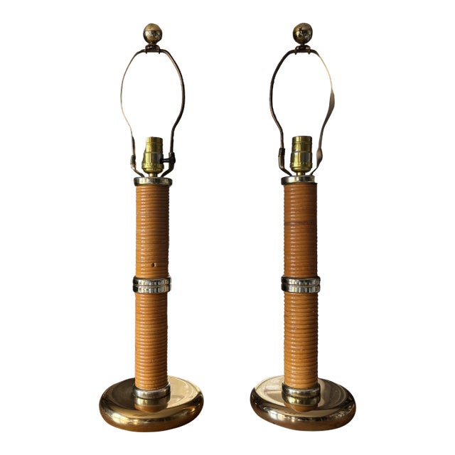1970s Mid-Century Modern Pencil Reed and Brass Lamps After Gabriella Crespi - a Pair For Sale