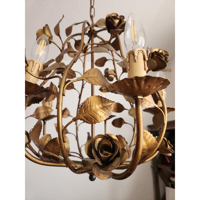 Hollywood Regency 4-Light Floral Chandelier in Hand-Forged Dark Gilt Metal with Rose and Leaf Ornaments, 1960s For Sale - Image 6 of 18