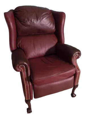 1980s Vintage Chippendale Style Burgundy Leather Mahogany Wingback Recliner Chair