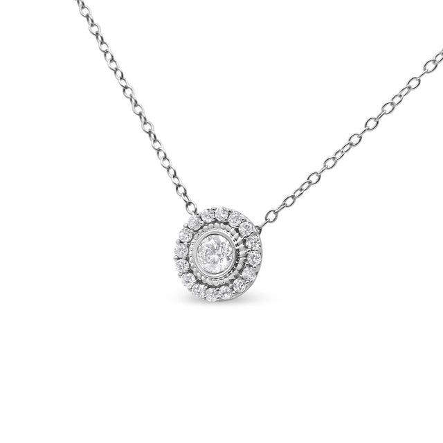 Contemporary .925 Sterling Silver 1/2 Cttw Round Diamond Halo Circle Pendant 18" Necklace For Sale - Image 3 of 6