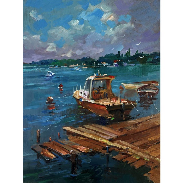 Oil Painting Old Wooden Pier Leading Into the Sea Yuriy Suprunchuk For Sale