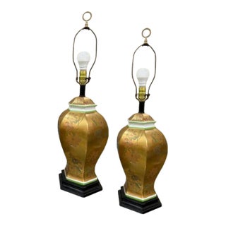 1970s Morris Greenspan Gold Porcelain Floral Hand-Painted Lamps - a Pair For Sale