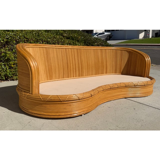 1980s Vintage Curved Pencil Reed Rattan Sofa, With New Sunbrella Upholstery For Sale - Image 10 of 14