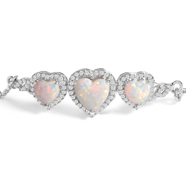 Contemporary .925 Sterling Silver Created Opal Triple Heart and White Sapphire Bolo Bracelet For Sale - Image 3 of 5