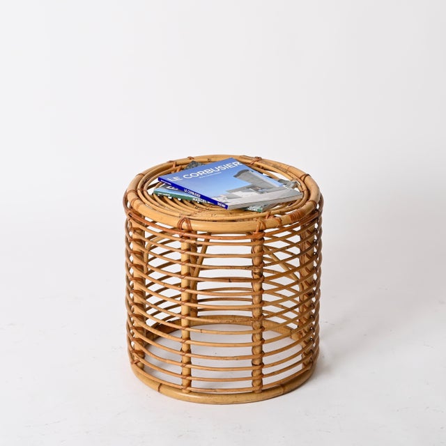 Mid-Century Modern Rattan and Wicker Round Pouf by Tito Agnoli, Italy, 1960s For Sale - Image 6 of 13