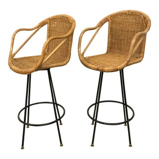 Arthur Umanoff Style Wicker Bar Stools - A Pair For Sale