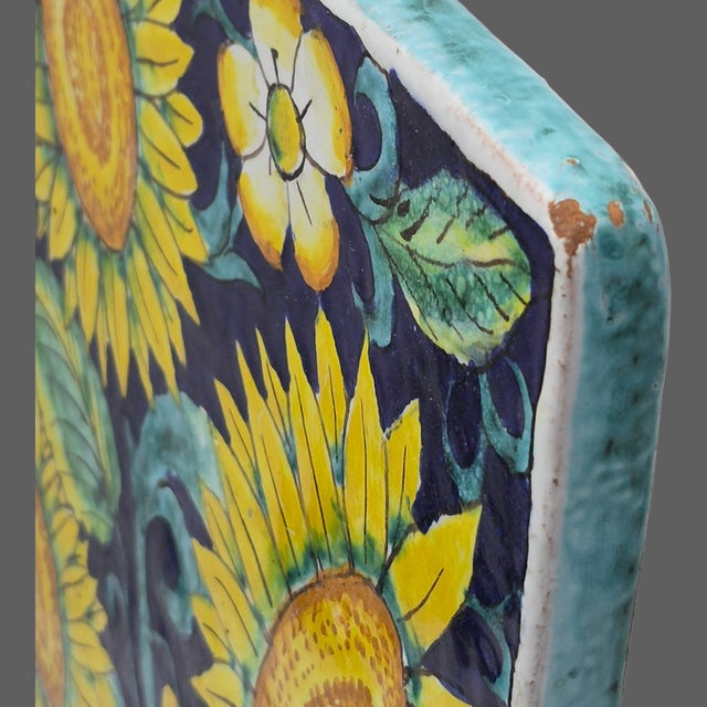 Yellow Vintage Hand Painted Terra-Cotta Sun Flower Tuscan Wall Hanging Tile Trivet For Sale - Image 8 of 10