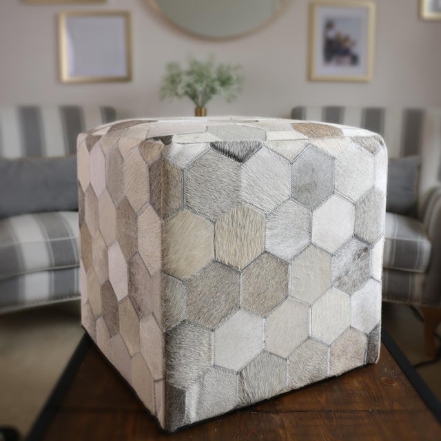 Handmade Hexagon Patchwork Cowhide Leather Ottoman Pouf 18x18x18 in Neutral For Sale - Image 4 of 7
