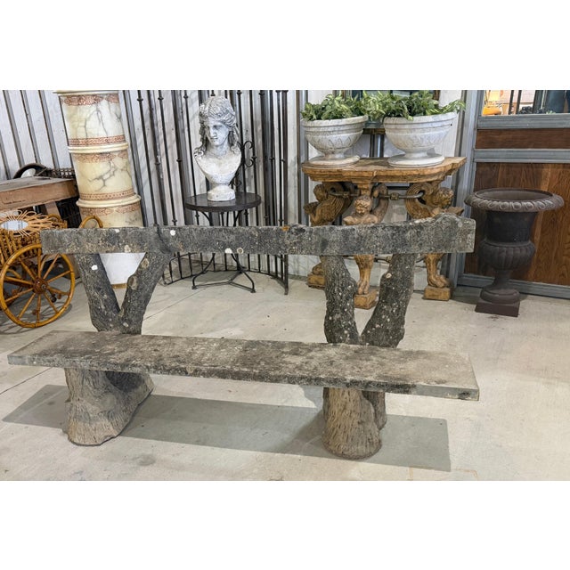 Monumental French Faux Bois Cast Stone Bench Tree Trunk Supports, circa 1920s An exceptional and monumental early 20th-...