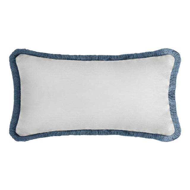 White with Light Blue Fringes Happy Linen Pillow by LO DECOR for Lorenza Briola For Sale