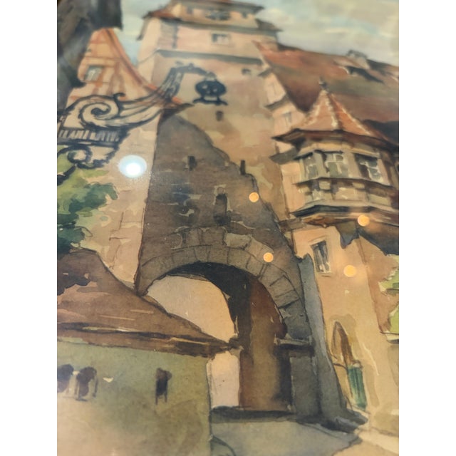 English Vintage Mid-Century European Village Street Scene in Wood Frame For Sale - Image 3 of 12