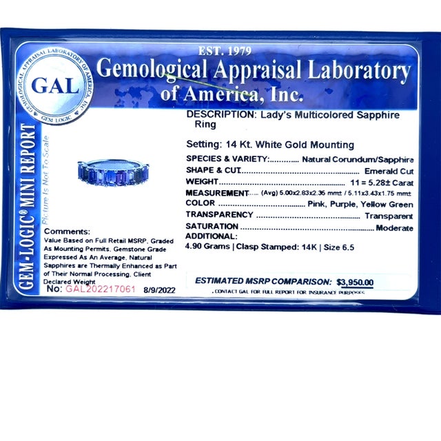 Natural Multicolored Sapphire Ring Size 6.5 14k W Gold 5.28 TCW Certified For Sale - Image 9 of 9