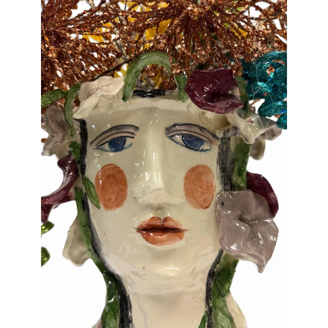 Whimsical Artisan Avant-Garde Hand-Painted Ceramic Head Vase With Floral Crown For Sale - Image 4 of 6