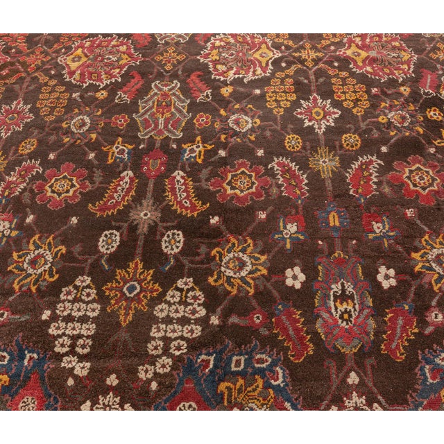 Early 20th Century Vintage Indian Agra Brown, Red, Blue, Ivory Handmade Wool Carpet For Sale - Image 5 of 9