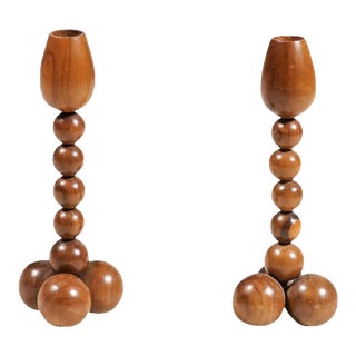 English Victorian Period Late 19th Century Wooden Spool Candlesticks - A Pair For Sale