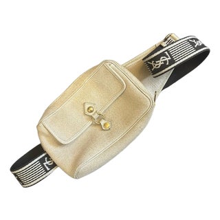 1990s Vintage Fabric and Leather Logo Pouch by Yves Saint Laurent For Sale