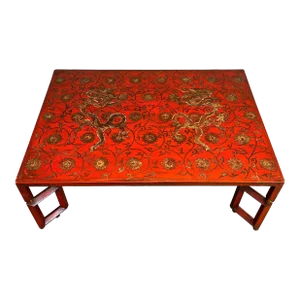1970s Large Red Lacquered Coffee Table with Gold Chinese Decorations