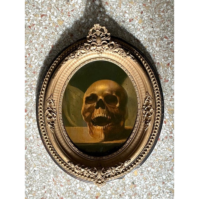 Mid-Century Modern Vintage Skull Oil Painting in Ornate Frame For Sale - Image 3 of 12