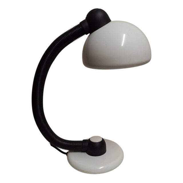 Vintage German Adjustable Desk Lamp with White Metal Base and Shade and Plastic-Covered Black Flex Arm from Hustadt-Leuchten, 1980s For Sale