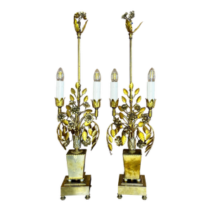 Pair of Mid 20th Century Italian Gilt Botanical Candelabra Lamps