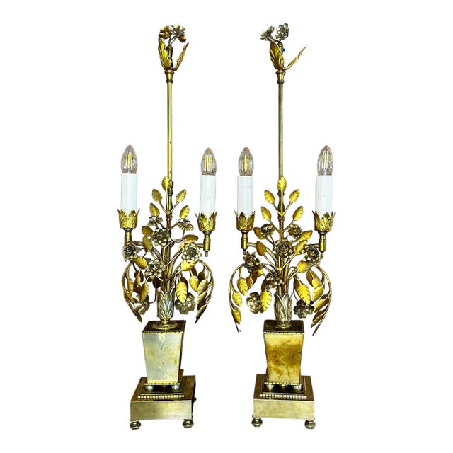 Pair of Mid-Century Italian Gilt Botanical Candelabra Lamps For Sale