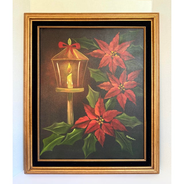 Red Vintage Original Poinsettia and Lantern Christmas Holiday Painting, Signed Norma For Sale - Image 8 of 8