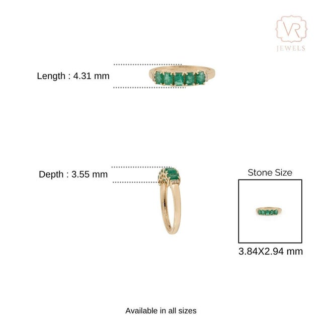 Five-Stone Natural Emerald Band Ring Size 4 With Diamond Accents in 14k Yellow Gold For Sale - Image 12 of 17