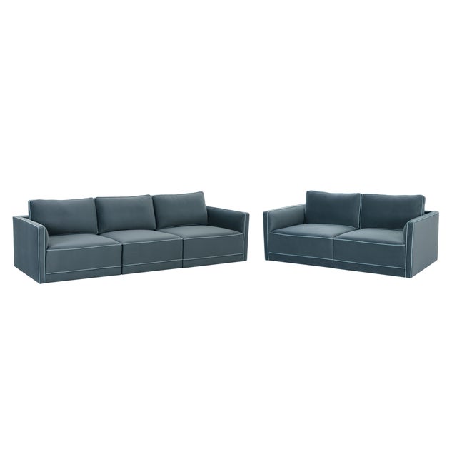 Willow Misty Blue with Pale Blue Piping Modular Performance Velvet Sofa For Sale In Los Angeles - Image 6 of 8