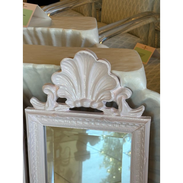 Vintage Pair Light Pink Lacquered Palm Beach Scalloped Shell Wall Mirrors For Sale - Image 9 of 12