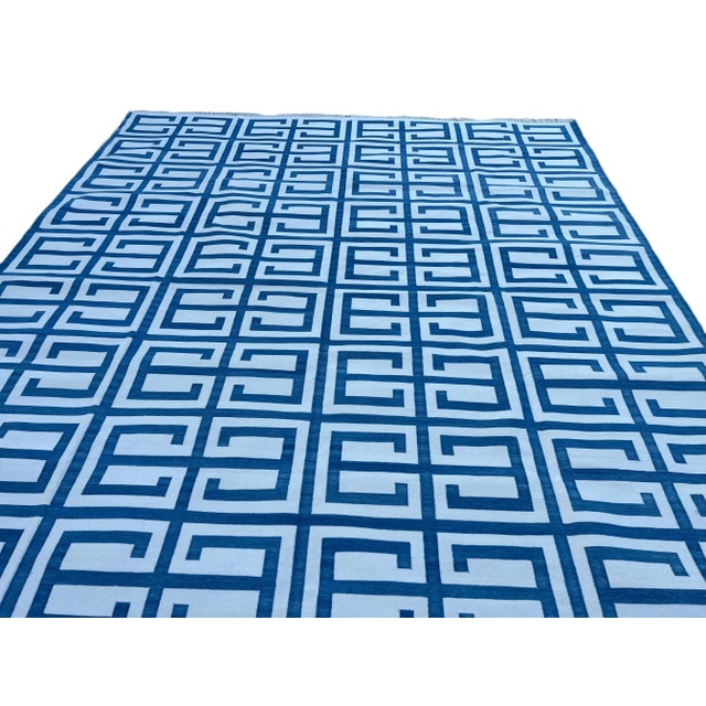 Sky Blue Not Yet Made - Made To Order Handmade Cotton Natural Vegetable Dyed Sky Blue and White Geometric Pattern Rug - 9'x12' For Sale - Image 8 of 11
