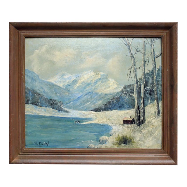 Mid 20th Century Winter Landscape with Cabin Oil Painting by W. Dunn, Framed For Sale