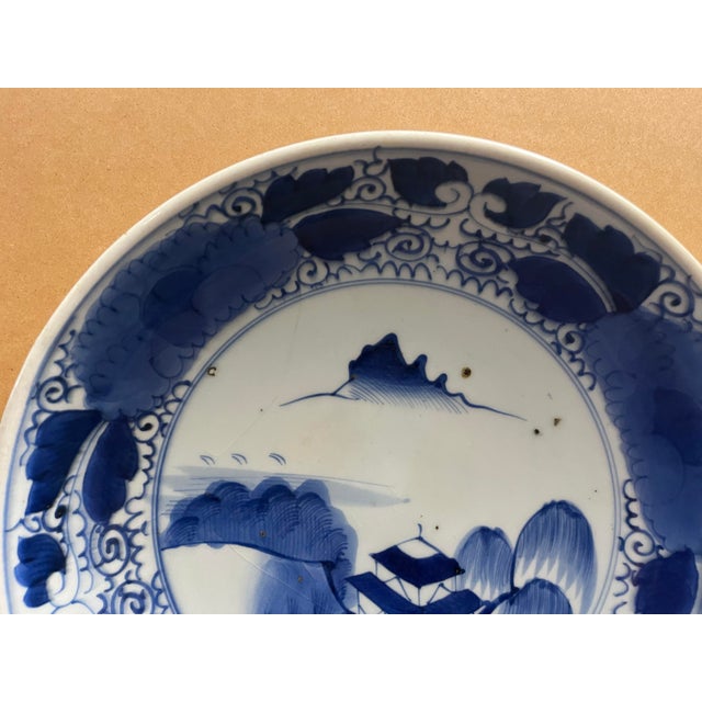 Late Edo Japanese Arita Blue & White Porcelain Charger, Hand-Painted Landscape, Circa 1820–1850 For Sale - Image 4 of 12