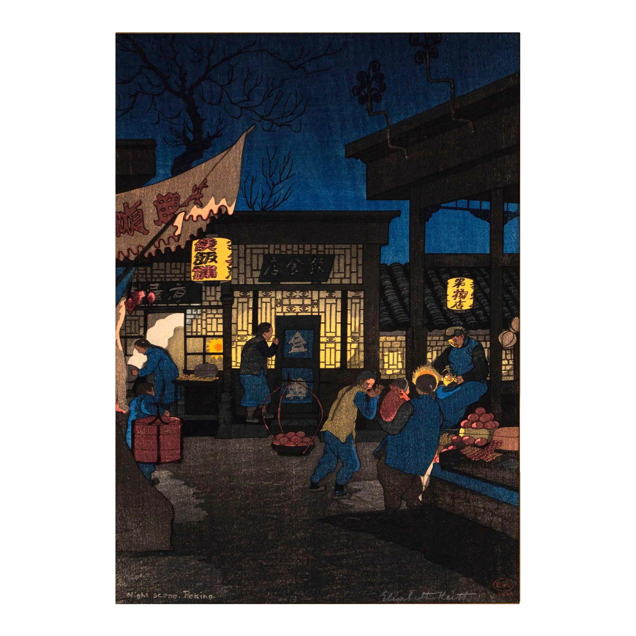 Early 20th Century Japanese Woodblock Print Night Scene Peking by