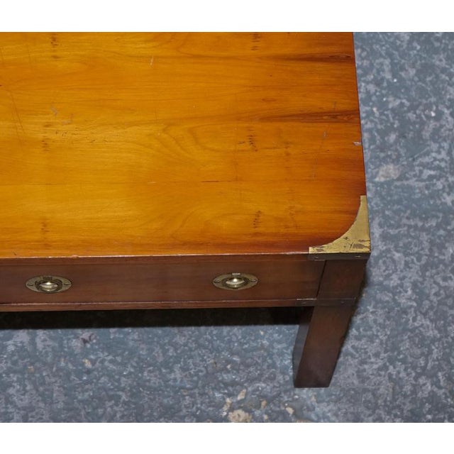 Vintage Military Campaign Burr Yew Wood and Brass 3-Drawer Coffee Table For Sale - Image 13 of 16
