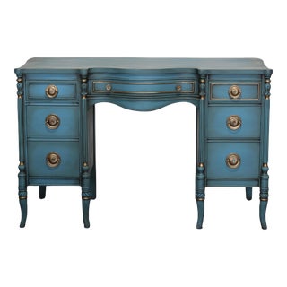 Vintage Hand Painted Light Blue Desk of Seven Drawers For Sale
