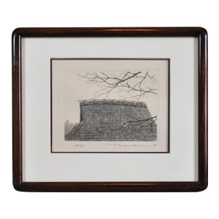 Tanaka Ryohei Etching of a Thatched Roof With Branches and Birds. It Is a Small Work Done in 1983. For Sale