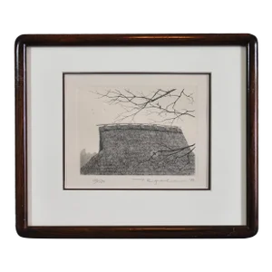Tanaka Ryohei Etching of a Thatched Roof With Branches and Birds. It Is a Small Work Done in 1983.