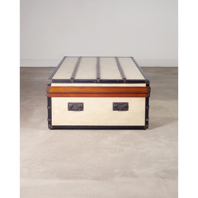 Monumental Canvas and Leather Steamer Trunk Coffee Table 5 Ft. For Sale - Image 11 of 18