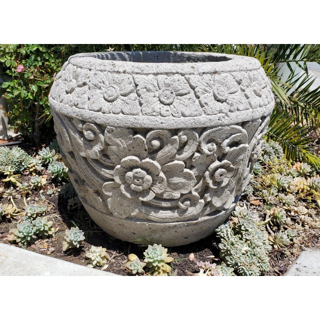 Stone Carved Balinese Garden Pot Hand carved intricate floral band border along with a beautifully designed scroll floral...