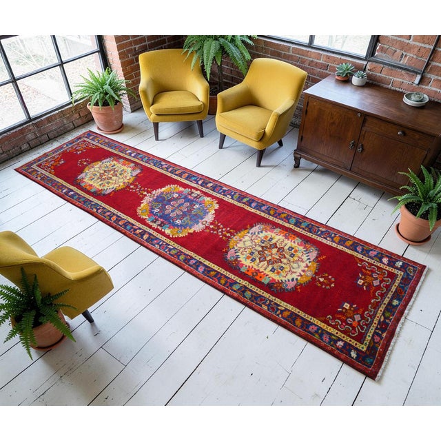 Mid-Century Modern 1950s Hand-Knotted Turkish Runner Rug Bold Colors Tribal Hallway Decor Lady Bug Pattern Unused - 3'4" X 13' For Sale - Image 3 of 17