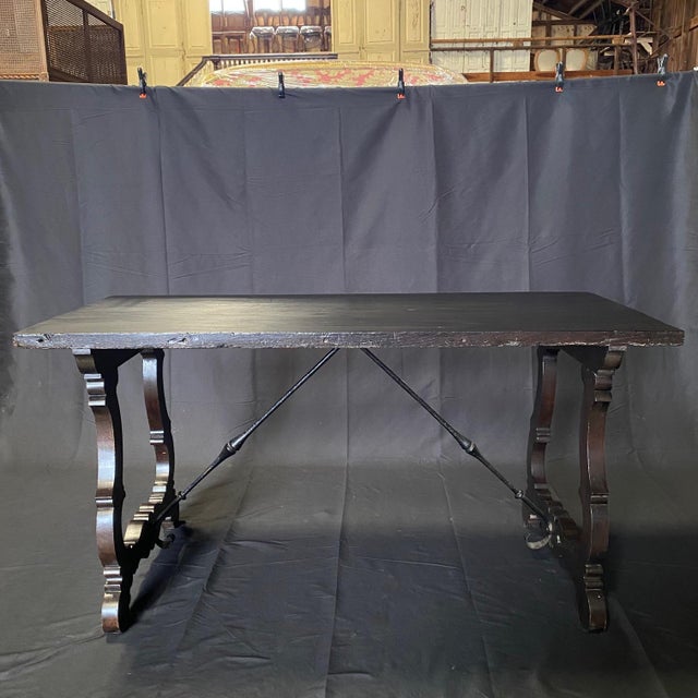 Antique Italian Ebonized Dining Table or Writing Desk With Iron Stretcher For Sale In Portland, ME - Image 6 of 10