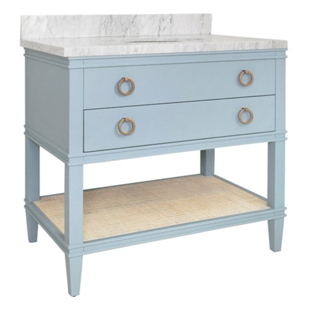 Contemporary Matthew Izzo Home Cutler 36.5" Light Blue Lacquer Single Porcelain Sink Bath Vanity With Marble Top and Brass Hardware For Sale - Image 3 of 7