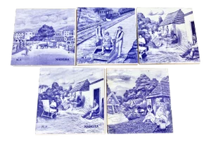 Vintage Madeira Blue and White Tile Coasters-Set of 5